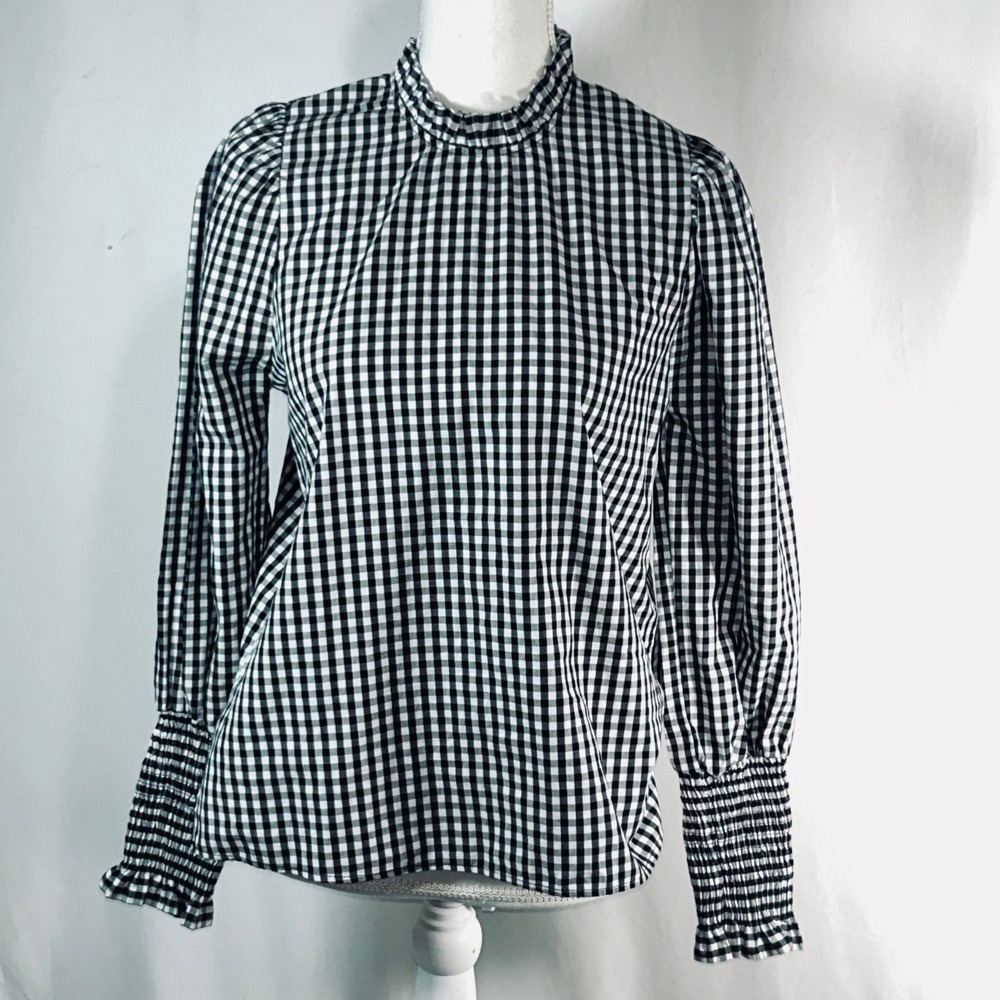 Zara Black and White Gingham Plaid Ruffle Neck‎ Smocked Cuff Blouse Small